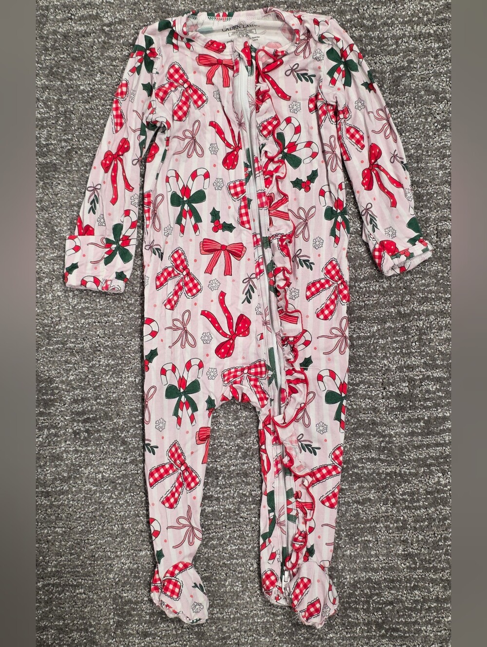 Caden Lane Pink One-Piece Footie Pajamas with Red and Green Holiday Bows